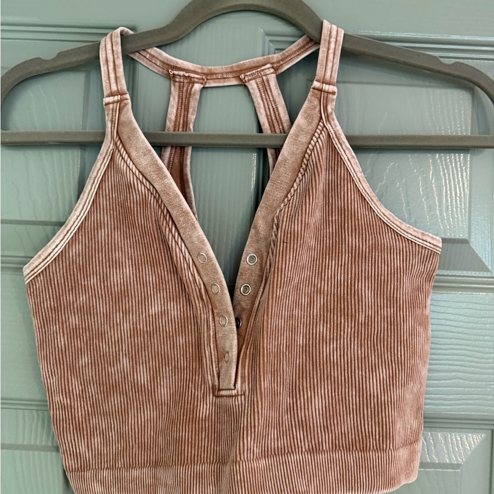 Ribbed Button-Front Halter Crop Top - Dusty Rose